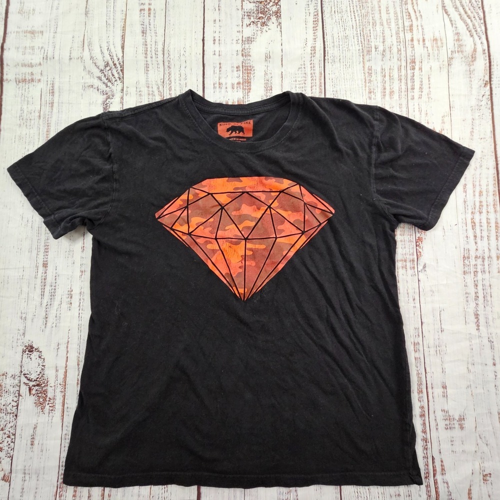 Ring of Fire Bear Diamond Black Short Sleeve Cotton T-Shirt Men's L